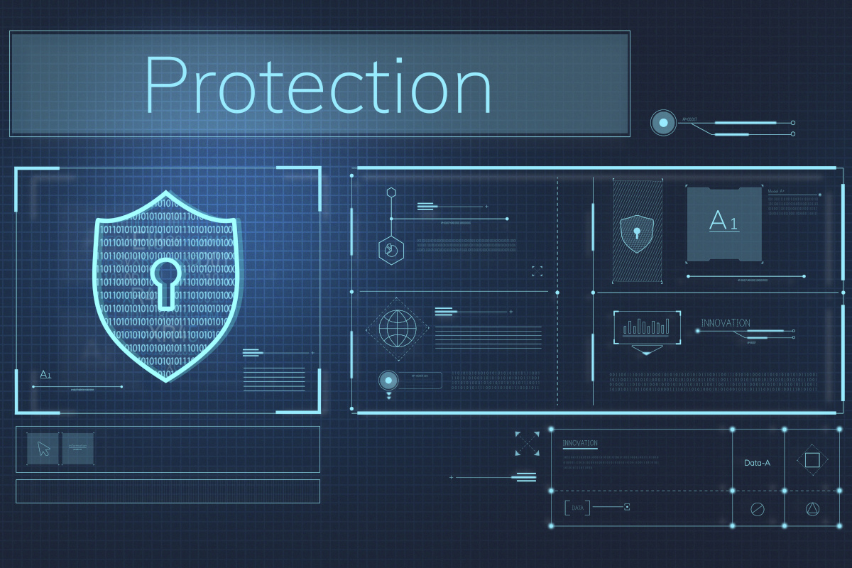A digital visual of a blue shield with a keyhole under a banner labeled Protection to conceptualize cybersecurity