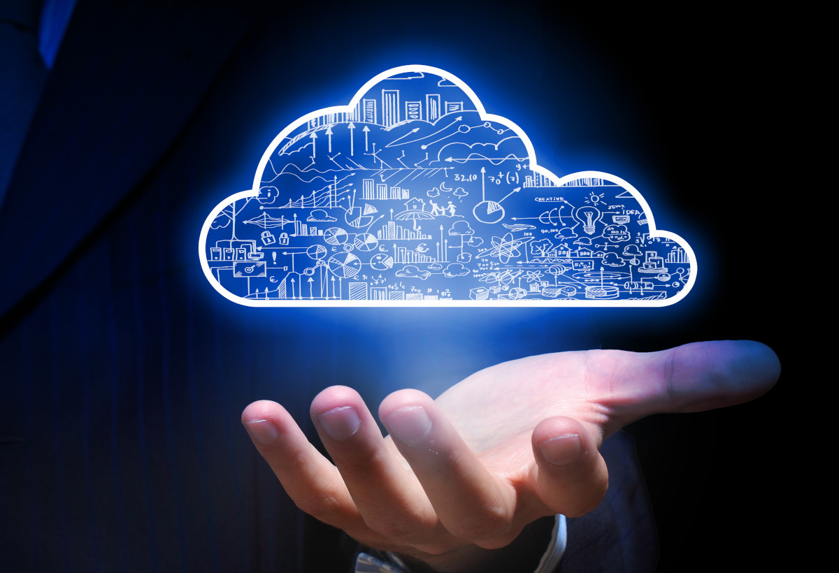 Man hand holding a digital cloud