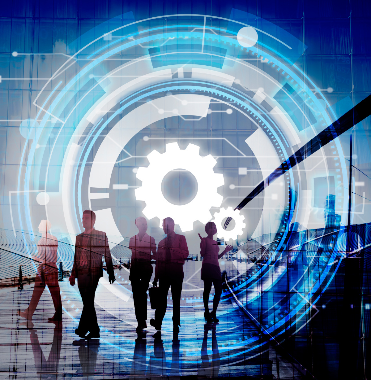 A gear overlaid on business people and a bridge